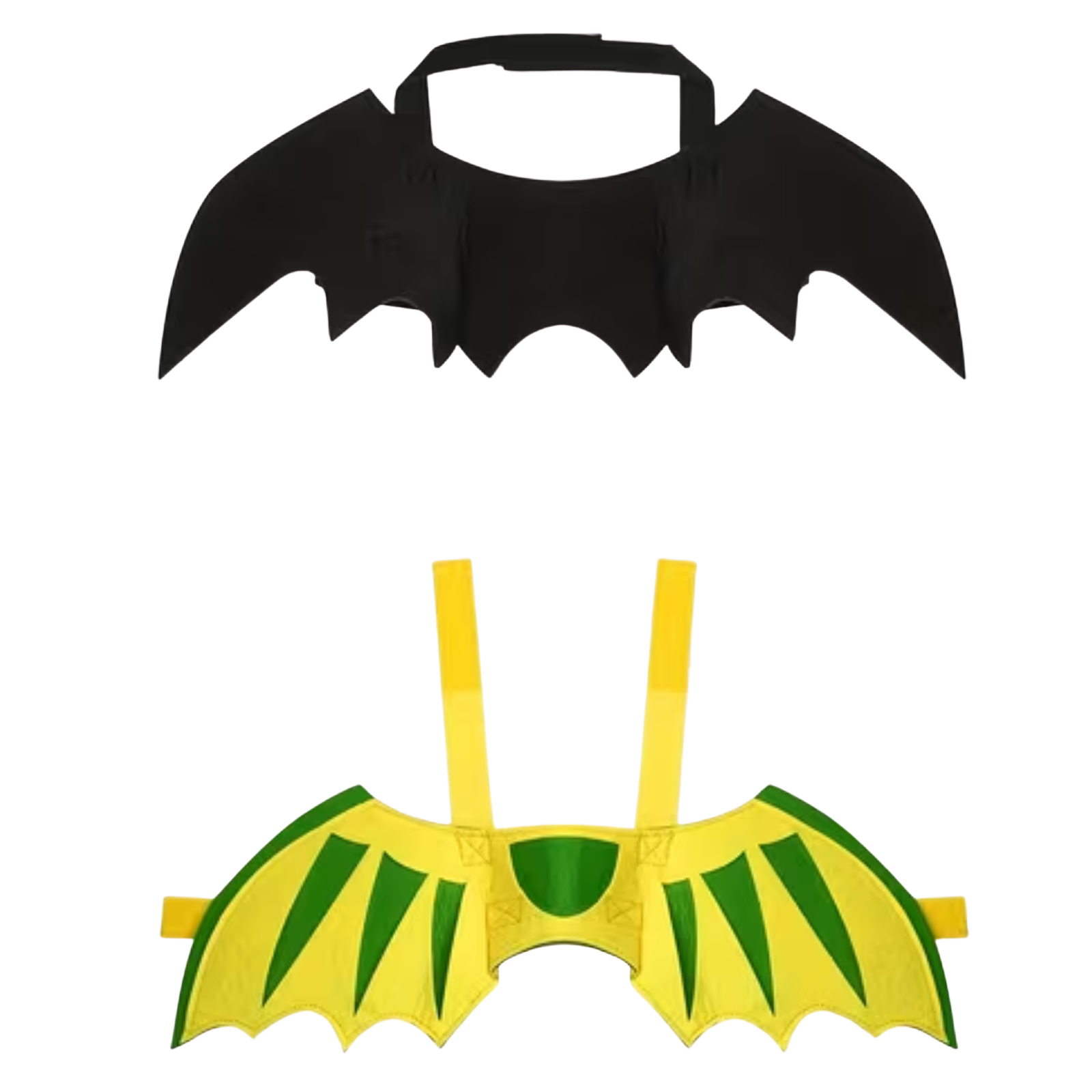 Two sets of felt costume wings, one black and one yellow with green stripes, on a solid white background.