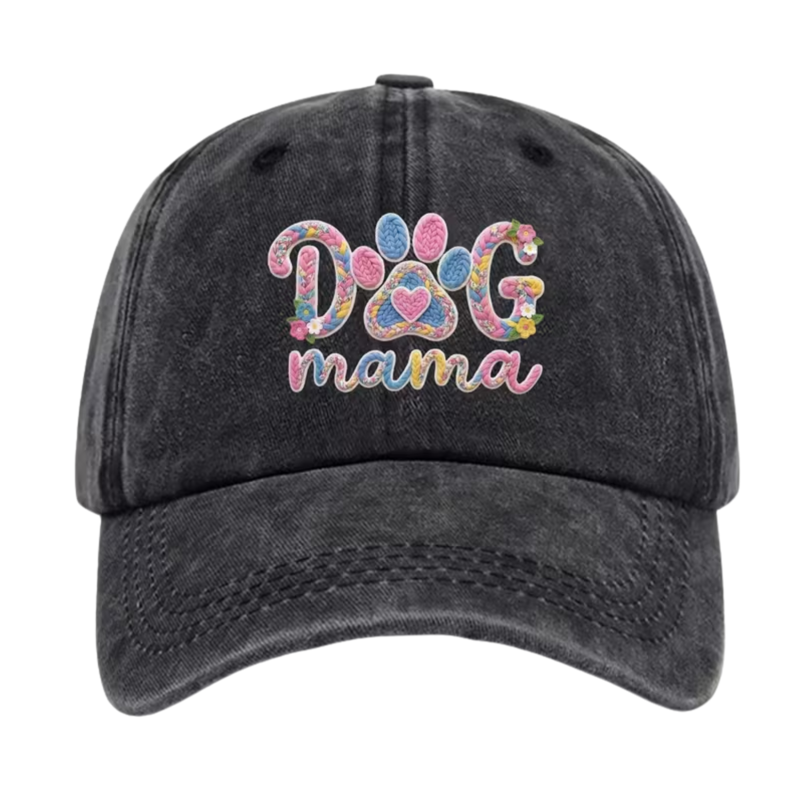 A dark gray acid-wash baseball cap featuring a colorful embroidered design on the front that reads 'DOG mama' with a paw print motif, shown against a plain white background.