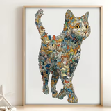 Cat-shaped collage made of small colorful cats displayed in a light wooden frame on a white background.