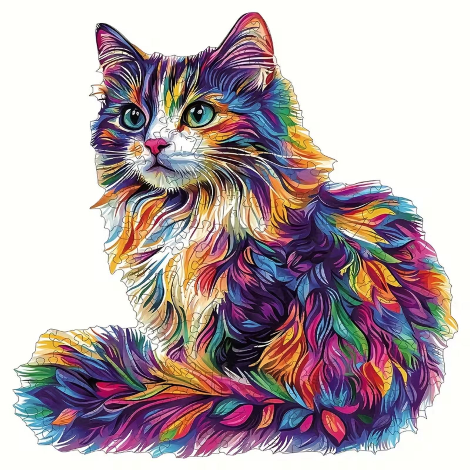 A multicolored puzzle shaped like a sitting longhaired cat displayed on a white background.