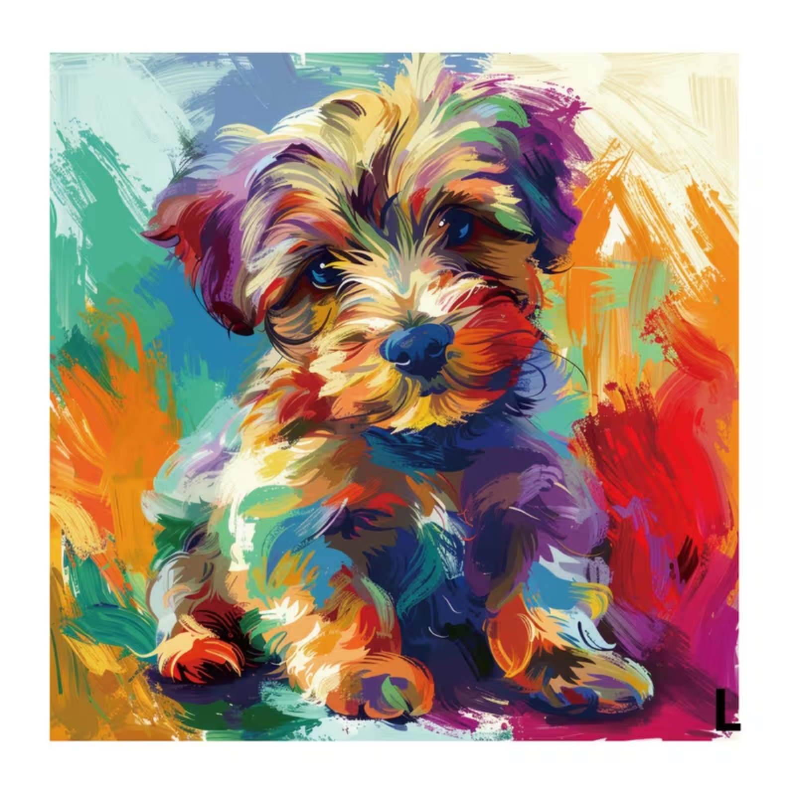 A multicolored watercolor-style painting of a Yorkshire Terrier puppy displayed on a white background.