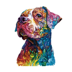 A multicolored painting of a dog with floral detailing displayed on a white background.