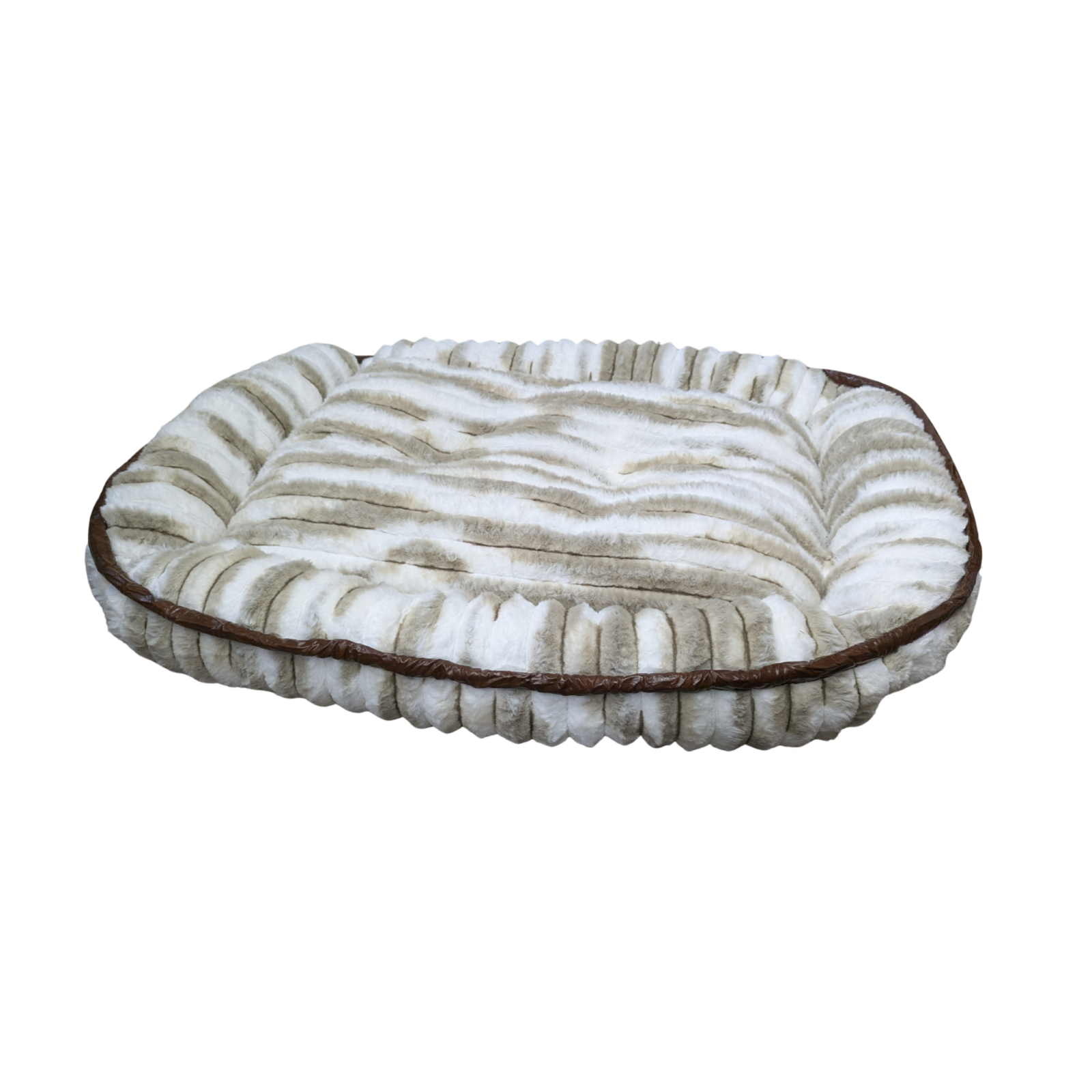 A brown and white textured pet bed with brown leather trim displayed on a white background.