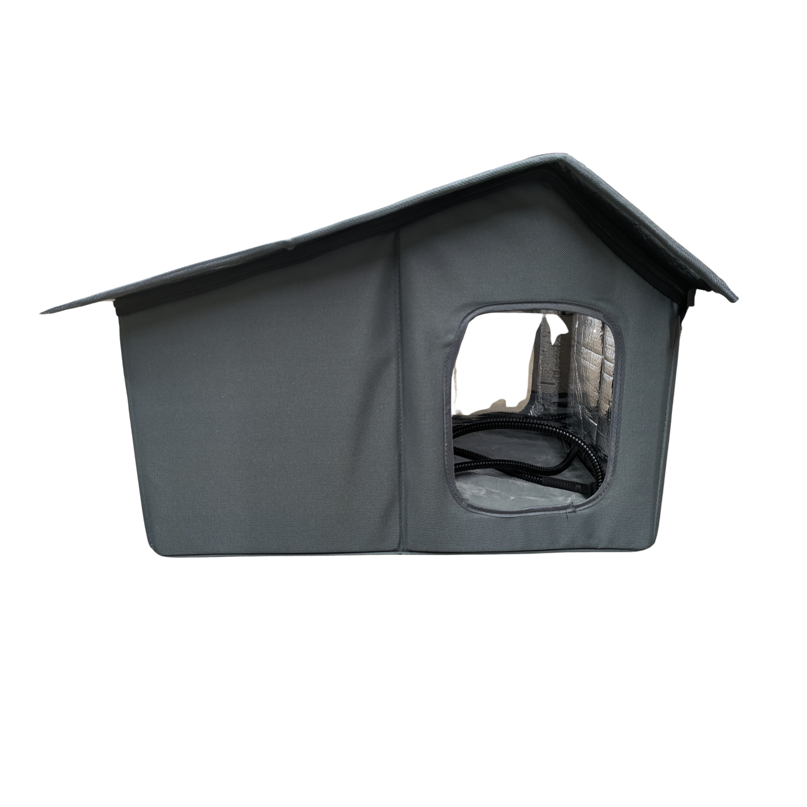 A grey fabric dog or cat house with a cord on the inside