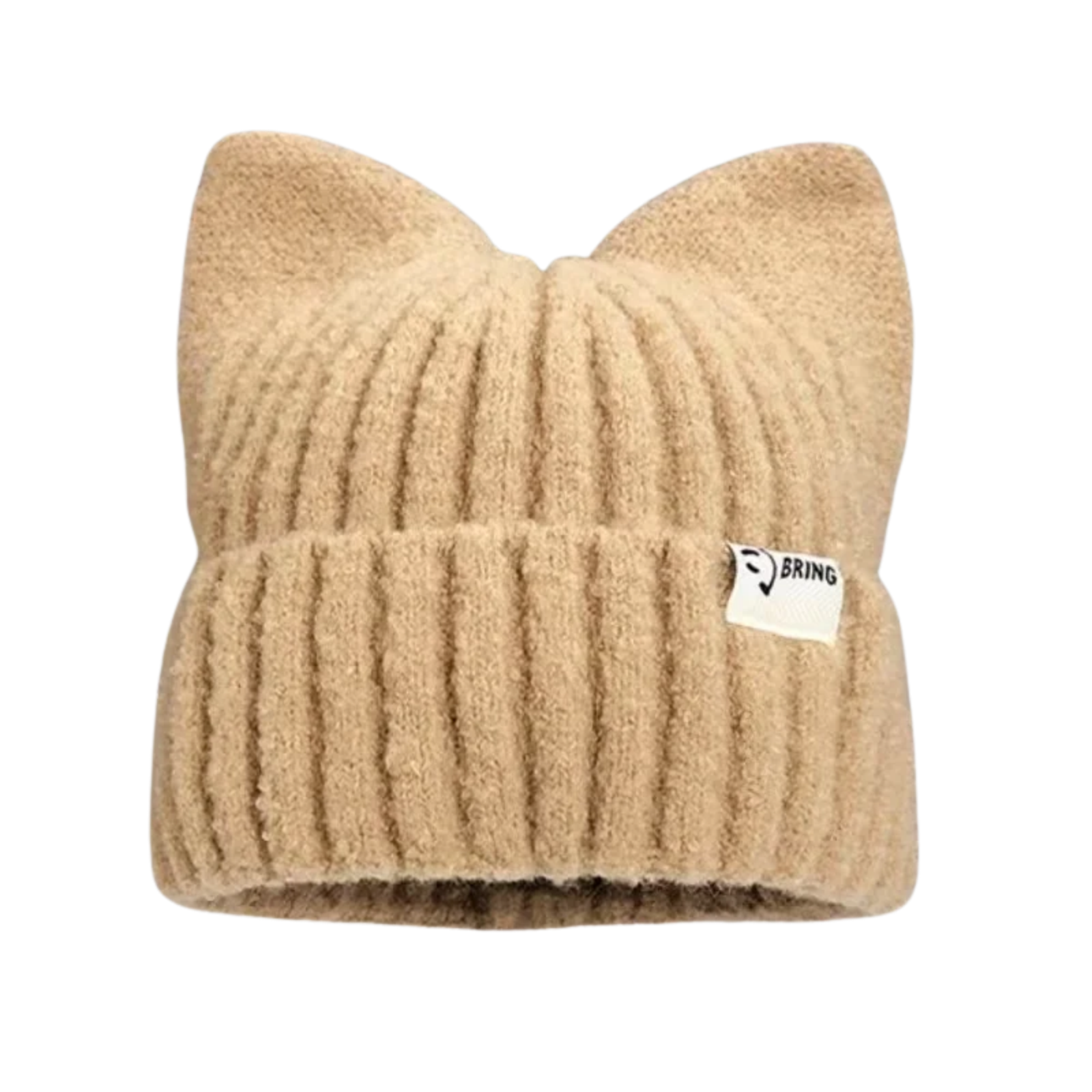 A tan colored knit hat with cat ears on the top and brand tag on the rim
