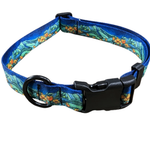 A blue dog collar with a tropical floral and leaf pattern, featuring a black plastic quick-release buckle and a black metal ring.