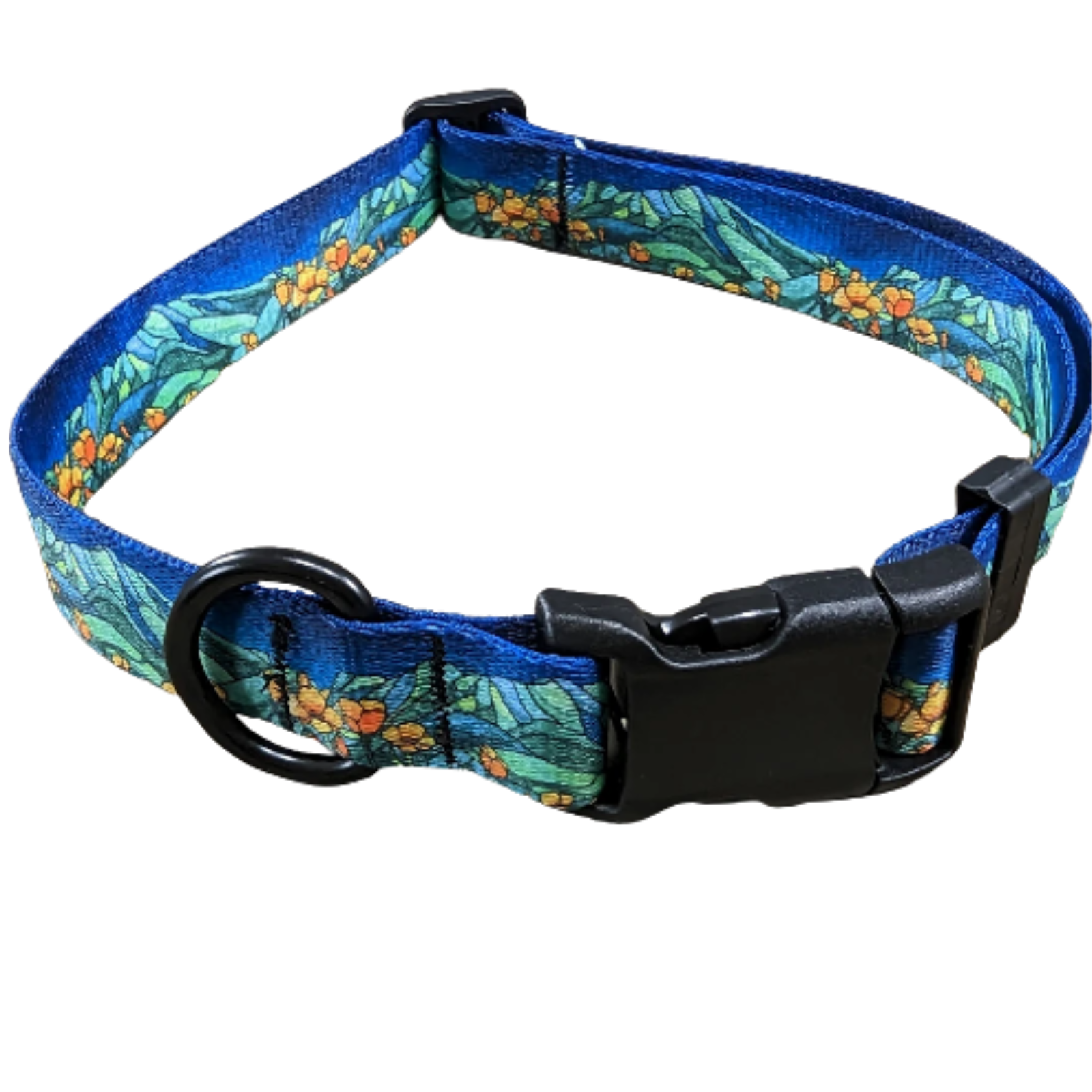 A blue dog collar with a tropical floral and leaf pattern, featuring a black plastic quick-release buckle and a black metal ring.