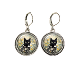 Black Cat & White Daisies Dangle Earrings