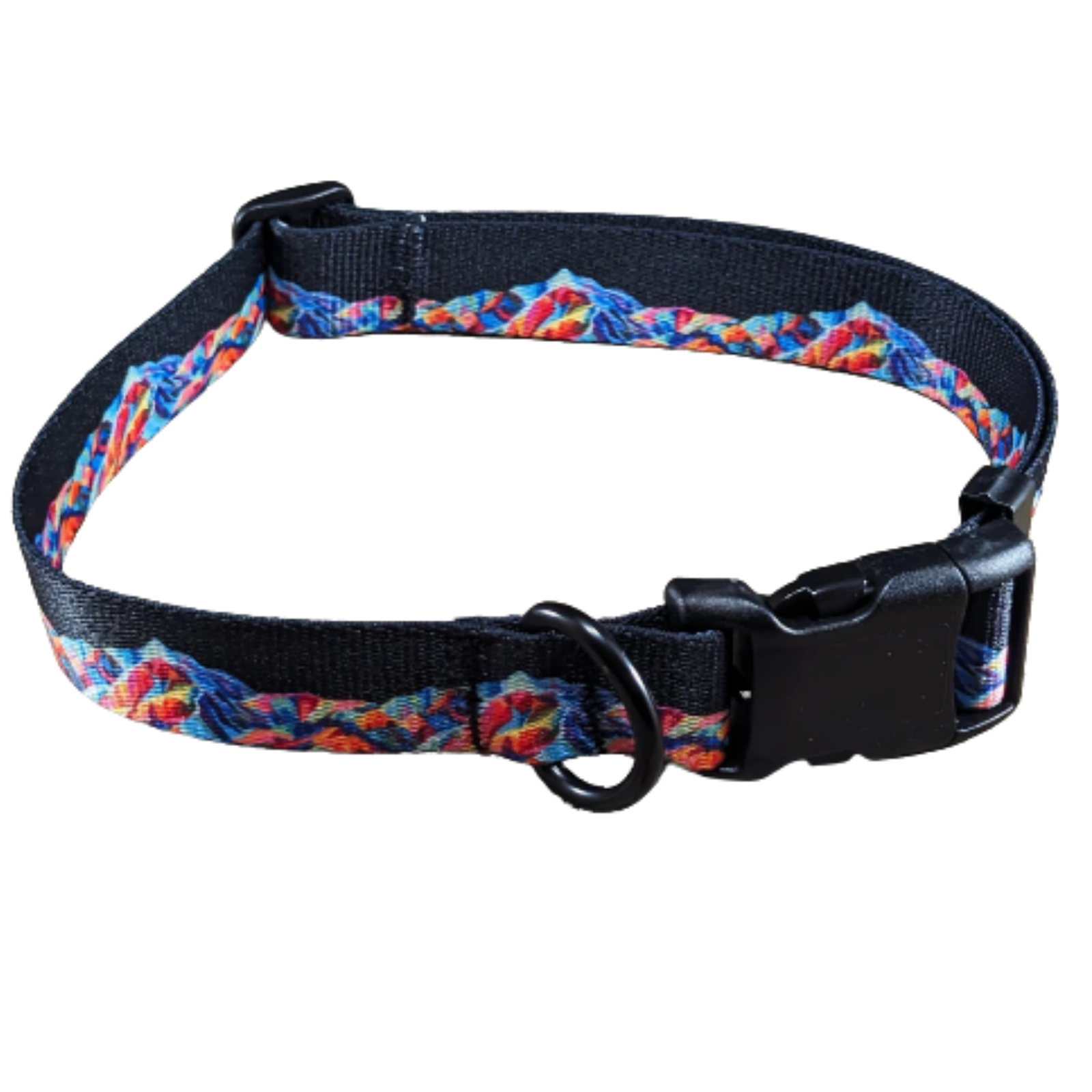 A black adjustable dog collar with a colorful mountain pattern and a black plastic buckle.