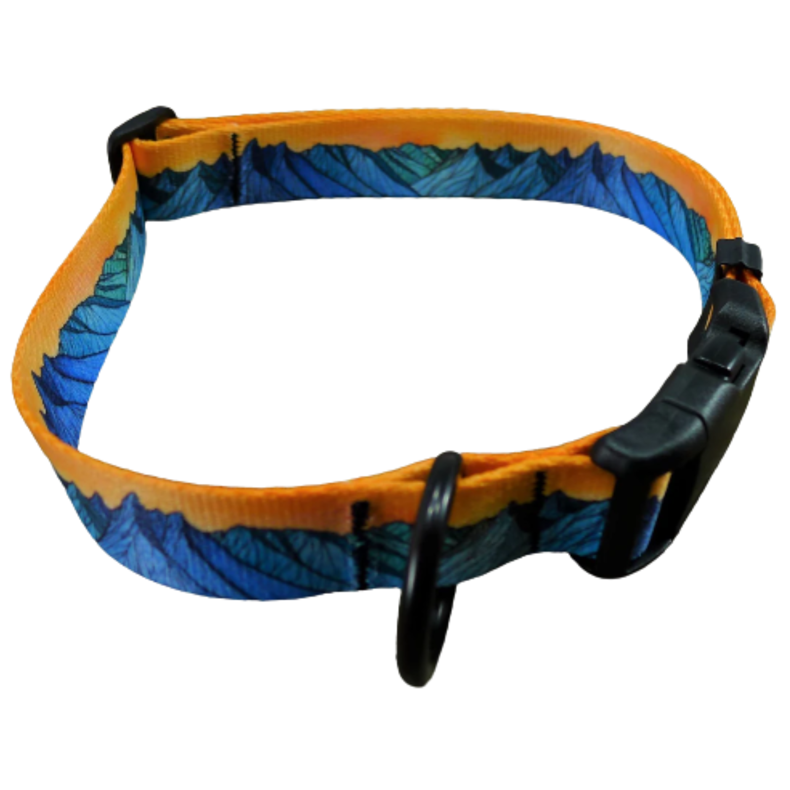 A dog collar with a blue and teal mountain pattern, a bright orange top band, and a black plastic buckle and ring, shown on a plain white background.