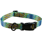 A dog collar with a detailed botanical pattern in green, blue, purple, and yellow, featuring a black plastic quick-release buckle and a black metal ring.