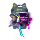 A Quirky Kitty 2-pack toy set featuring a glittery purple dragon plush and a purple 'The Dragon Rider' feather bookmark, both attached to a gray cat-shaped cardboard backing.