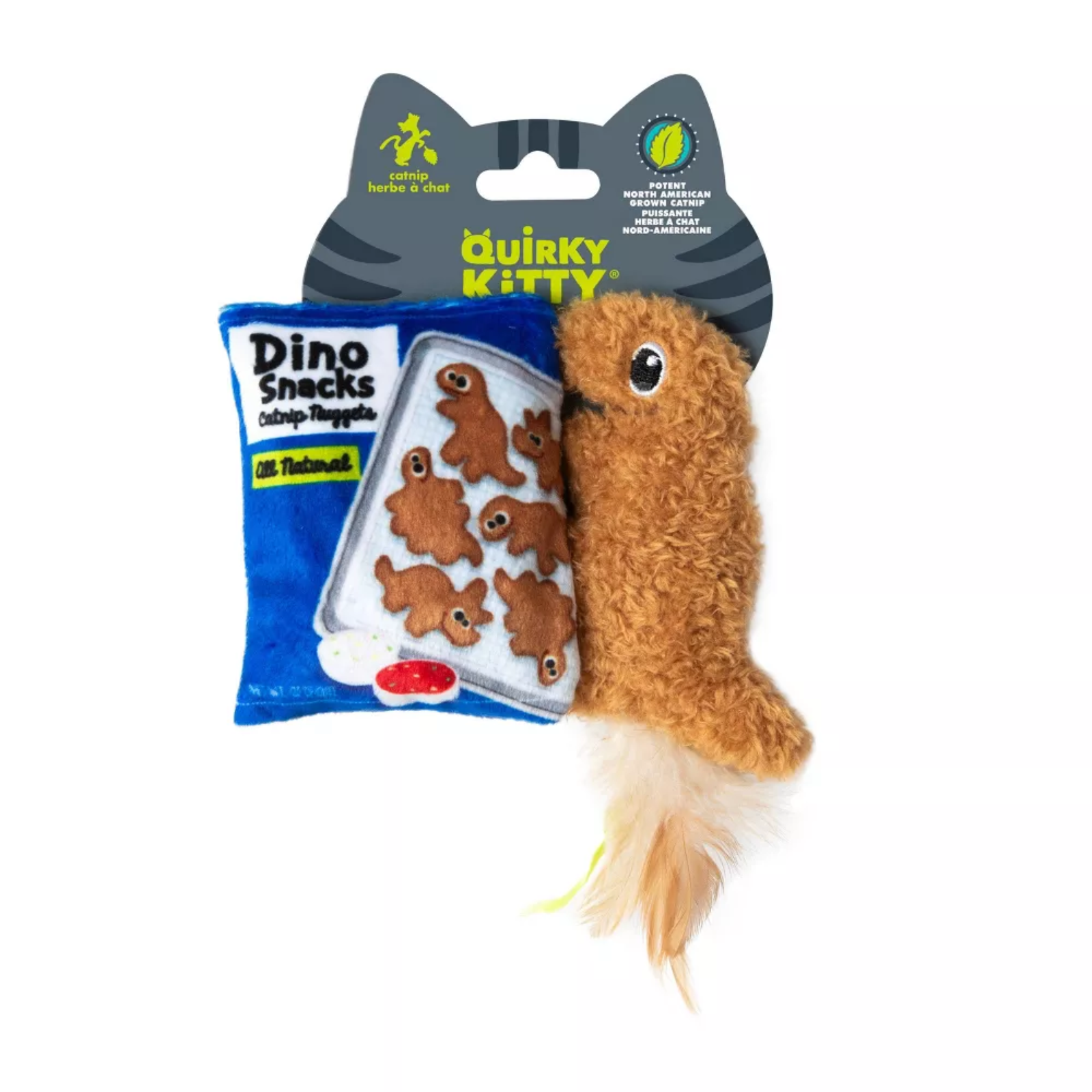 A brown plush cat toy shaped like a fish with a feather tail, shown with its retail packaging. The package includes a gray cat-shaped header card labeled 'Quirky Kitty' and a blue bag of Dino Snacks chow bags.
