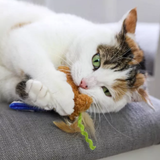 A white, orange, and black calico cat lies on a gray cushion, playfully biting and pawing at a brown plush toy with a green curly tail.