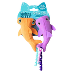 Quirky Kitty Ocean Cool cool shark dog toy set in retail packaging, featuring one orange shark and one purple shark with spiral tails.