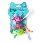 Quirky Kitty Ocean Cool Cooldown toy set for cats, featuring three colorful fish-shaped toys in pink, purple, and green with orange and blue accents, attached to a blue retail blister card.