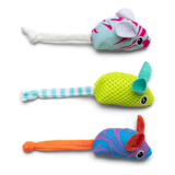 Three colorful mouse-shaped plush toys arranged vertically on a white background. Each toy has a fabric mouse head with a long tail and a striped fabric tail.
