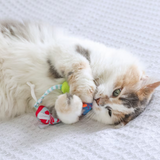 A fluffy calico cat lying on a white textured blanket and playfully biting a small colorful toy with a blue-green striped loop and red-and-white striped end.