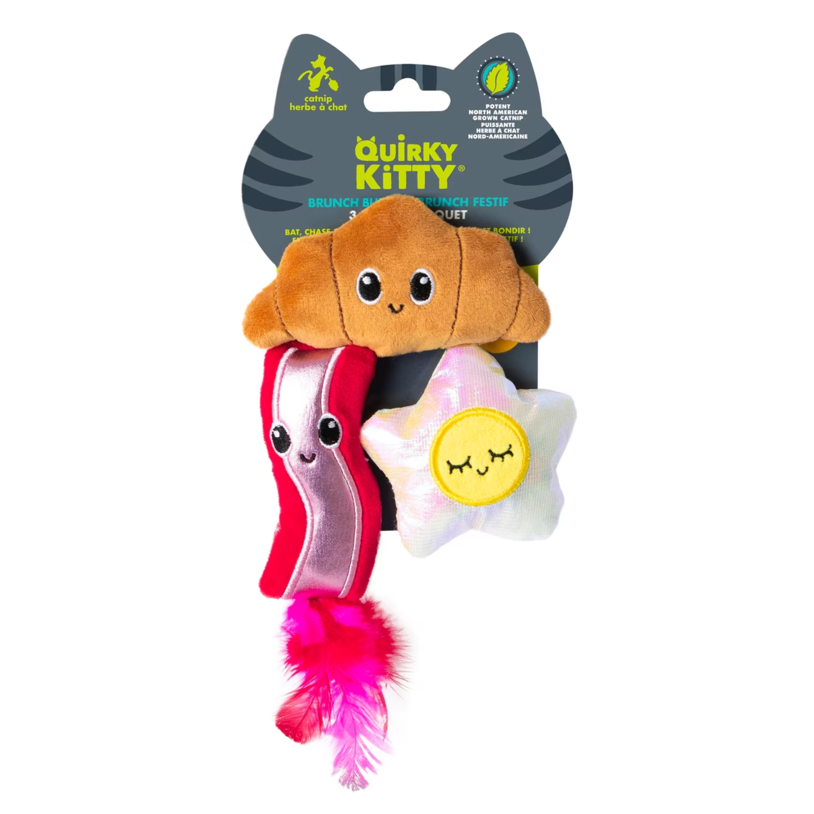 Quirky Kitty cat toy set in blister packaging, featuring a plush croissant, a pink and white bacon strip with a feather, and a white star with a yellow smiling face.