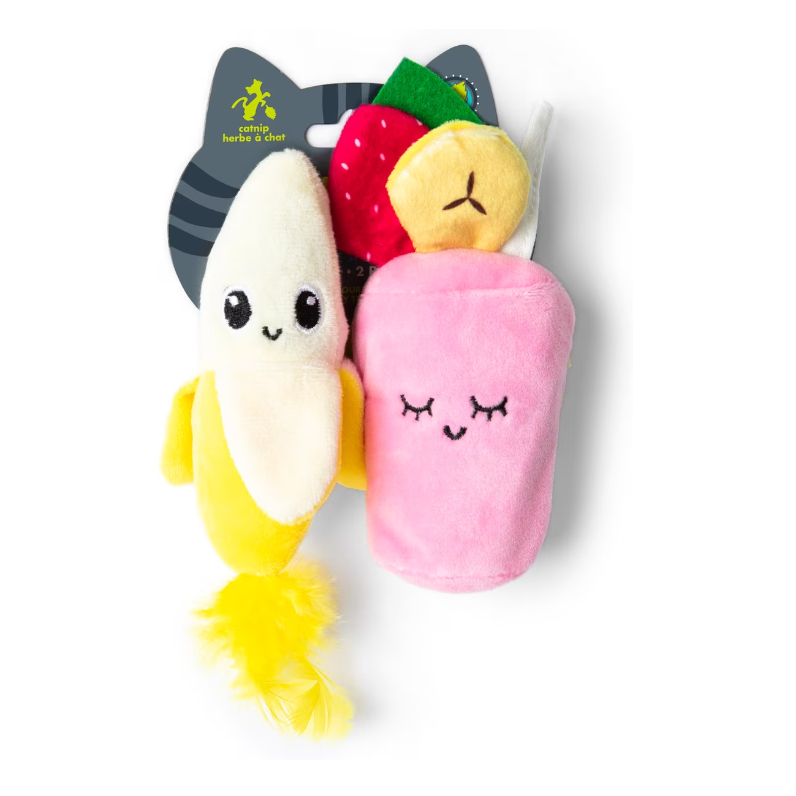 A set of two plush cat toys on a black retail hanger card against a white background. One toy is shaped like a banana with yellow arms and a yellow feather tail, and the other is a pink cup-like toy topped with a strawberry and a yellow slice, both with embroidered smiling faces.