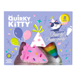 Quirky Kitty 8-pack party accessory set in its original packaging, featuring plush party hats and a pink party skirt visible through a clear window cutout on a light purple box.