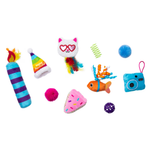 A set of colorful cat toys arranged on a plain white background, including a striped candle-shaped toy, a rainbow party hat, a white cat plush with heart glasses, a green spring, a blue pom-pom ball, an orange fish toy, a pink slice-shaped toy, a blue camera toy, and two small purple ball toys.