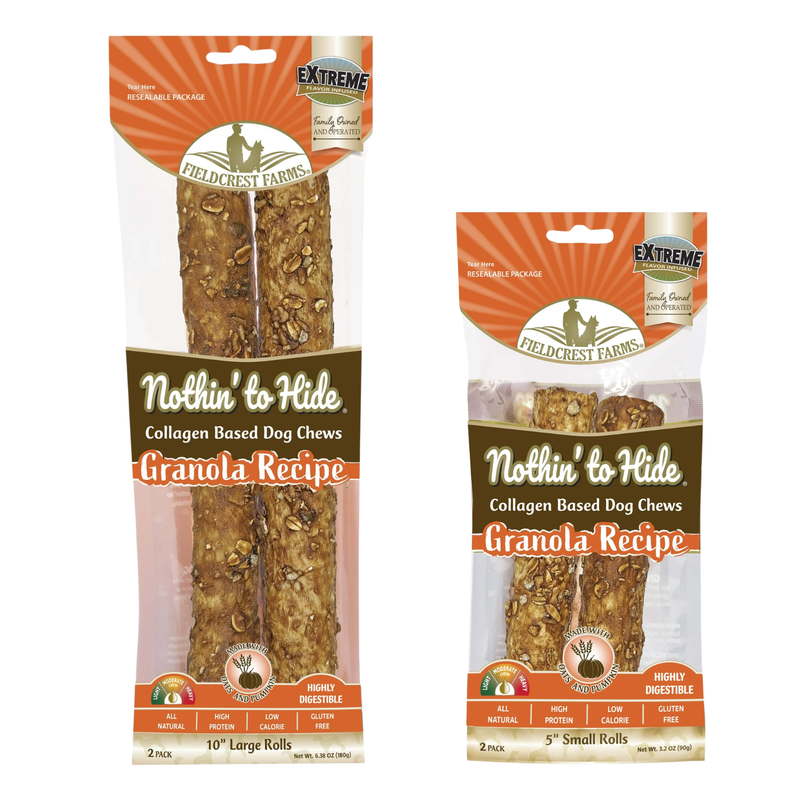 Two packages of Field of Grass Farms Nothin' to Hide Granola Recipe Collagen Based Dog Chews shown on a white background, one for 10" Large Rolls and one for 5" Small Rolls.