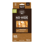 Earth Animal No-Hide Venison Recipe dog chew treats in a 3-piece value pack, shown in its brown cardboard packaging on a white background.