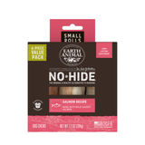Earth Animal No-Hide Small Rolls dog chews in Salmon Recipe flavor, 6-piece value pack, in a dark brown and pink cardboard package with a clear window showing the rolls inside.