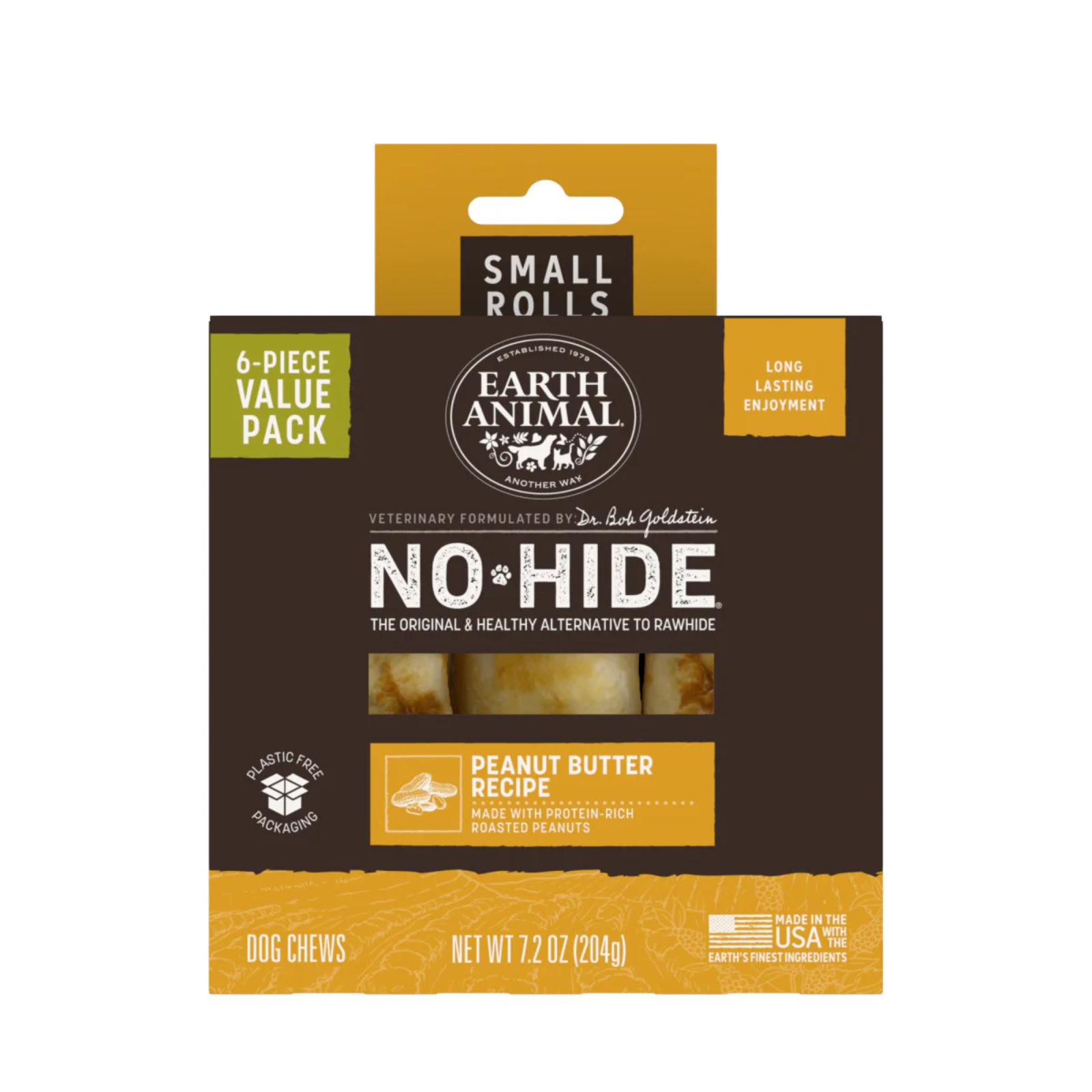 Earth Animal No-Hide Small Rolls dog chew snack in Peanut Butter Recipe, 6-piece value pack, in its original retail packaging.