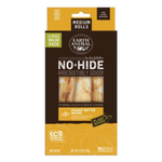 Earth Animal No-Hide Peanut Butter Recipe dog chew value pack containing 3-piece rolls, shown in its original brown and yellow packaging.
