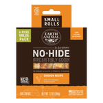 Earth Animal No-Hide Small Rolls Chicken Recipe dog chews value pack in a 6-piece bag, featuring brown and orange packaging with white text.
