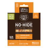 Earth Animal No-Hide Small Rolls Chicken Recipe dog chews value pack in a 6-piece bag, featuring brown and orange packaging with white text.