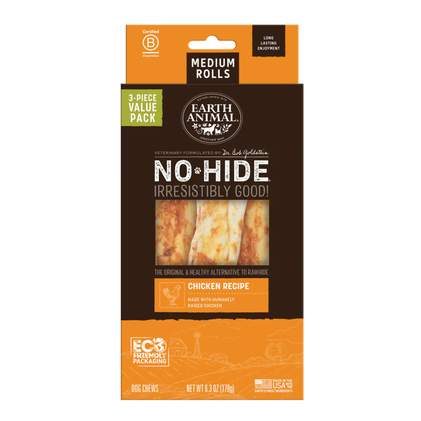 Earth Animal No Hide Medium Rolls dog chews in chicken recipe, 3-piece value pack, in a brown and orange hanging package.
