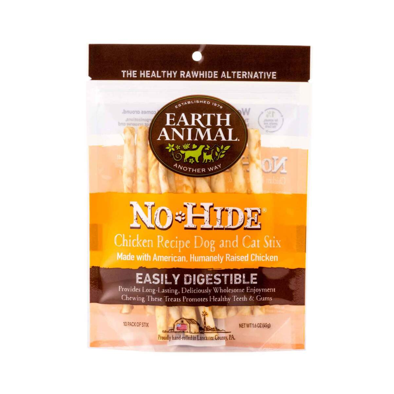 Earth Animal No-Hide Chicken Recipe Dog and Cat Stix in a resealable stand-up pouch, featuring a brown and orange label with the Earth Animal logo.