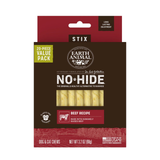 Earth Animal No Hide Beef Recipe dog chew stick value pack, 20-piece pack in a 3.2 oz box, featuring beef flavored chews visible through a clear window.