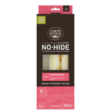 Earth Animal No-Hide Salmon Recipe 10-pack value pack for hides, featuring a dark brown and pink cardboard box with a clear window showing the pale yellowish-beige hides inside.