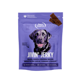 Purple package of Jivin' Jerky dog treat with a black labrador on the label.