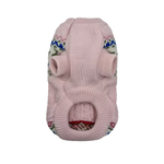 A pink knit pet sweater with a Fair Isle pattern featuring blue, green, and red accents, displayed on a clean white background.