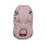 A pink knit pet sweater with a Fair Isle pattern featuring blue, green, and red accents, displayed on a clean white background.