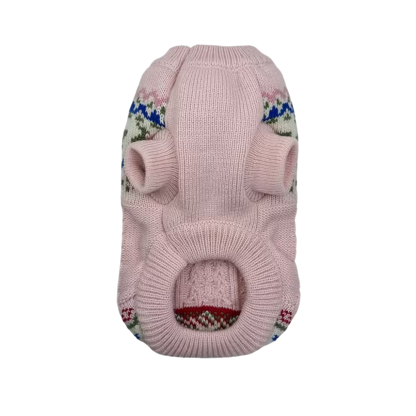 A pink knit pet sweater with a Fair Isle pattern featuring blue, green, and red accents, displayed on a clean white background.