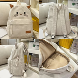 A four-panel collage showing a light beige corduroy backpack from multiple angles. The backpack features a cat face design on the front pocket with embroidered black eyes, whiskers, and a small brown nose, plus orange-brown cat ears on top.
