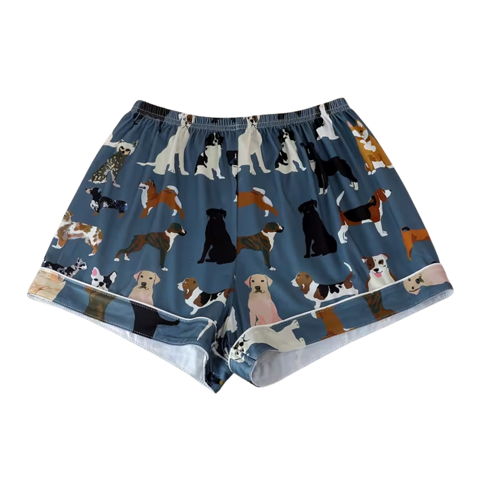 Blue boxer briefs featuring an all-over print of various dog illustrations in black, white, brown, and tan, shown against a plain white background.