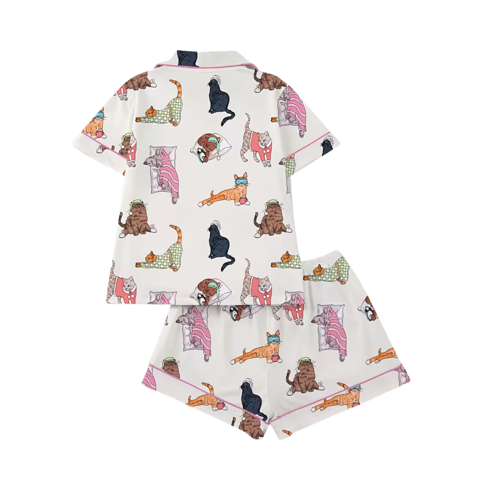 A two-piece short-sleeve pajama set featuring a short-sleeve top and matching shorts in an off-white base color with a colorful cartoon cat print, displayed against a solid white background.