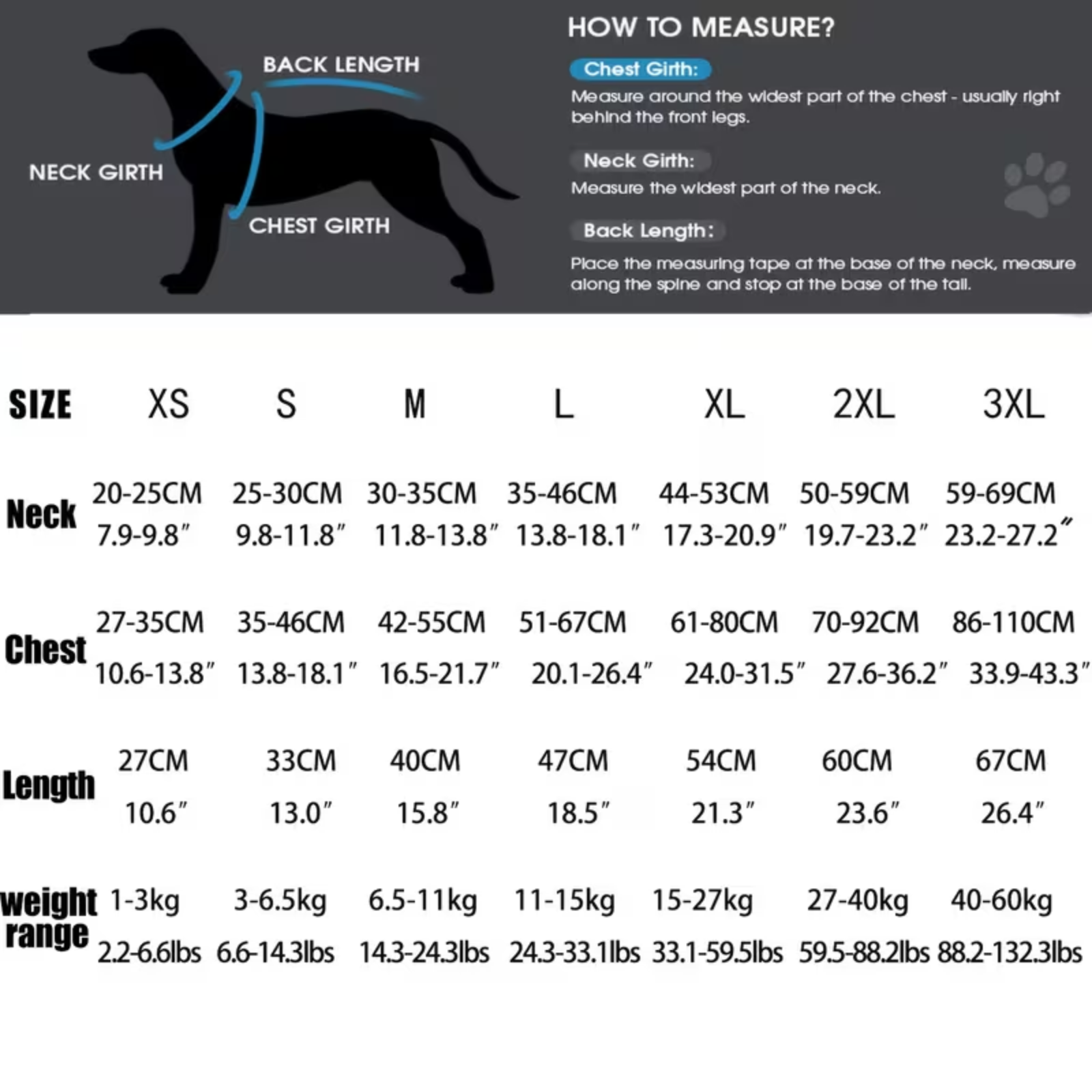 Dog measurement chart with size guide and how-to measure instructions.