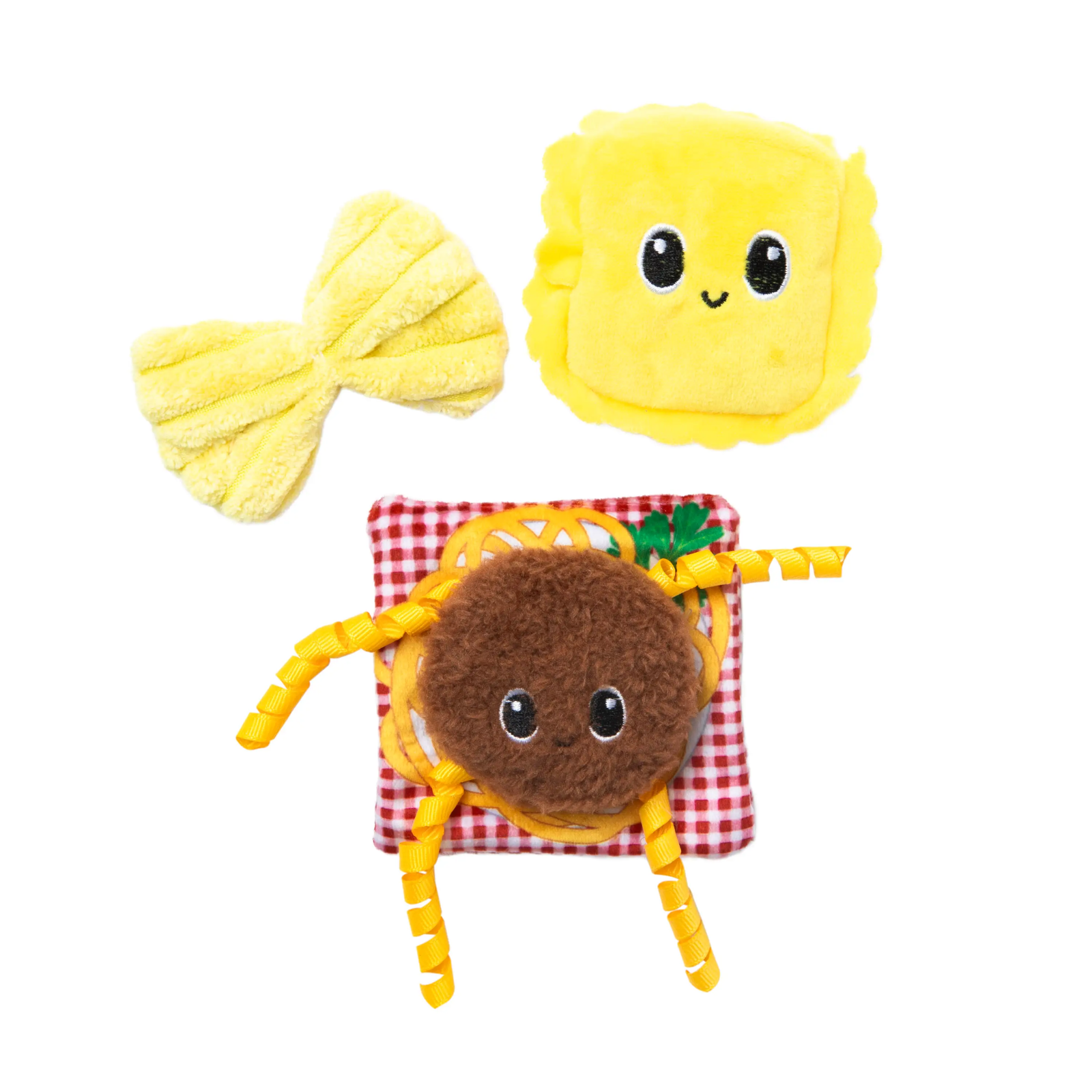 Three plush toys with a yellow bow, a yellow square with a face, and a brown circle with a face on a checkered background.
