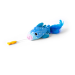 A blue plush fish toy with white polka dots, a pink nose, a black eye, a bright blue feather tail, and a small yellow dangling lure on a white background.