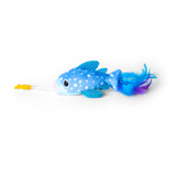 A blue plush fish toy with white polka dots, textured fabric fins, a yellow fishing lure attached to a white string, and blue and purple feathers at the tail, shown on a plain white background.