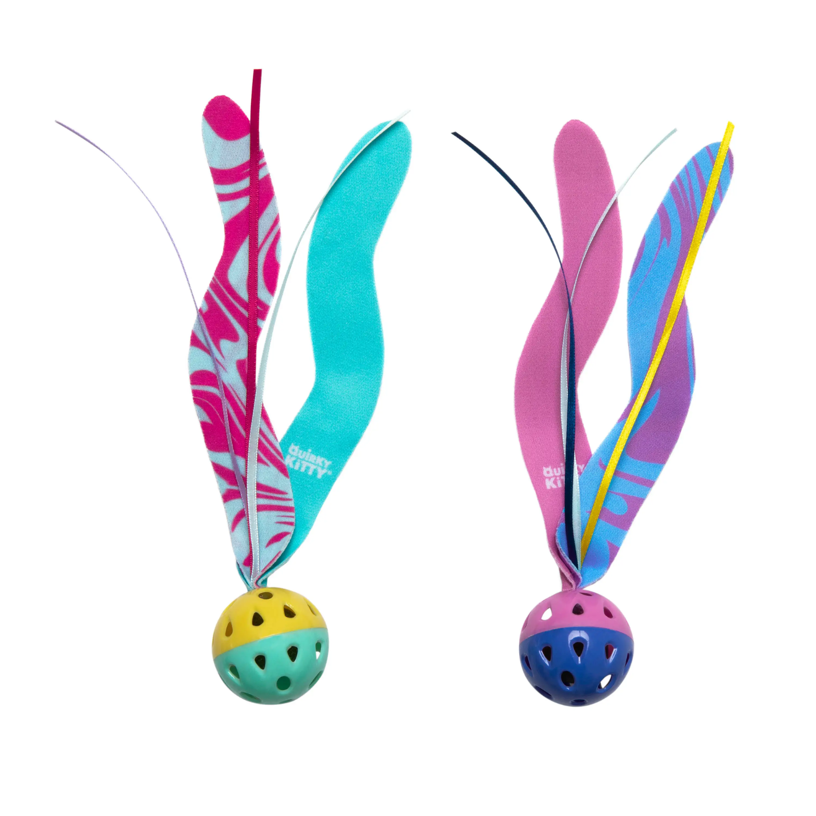 Two colorful cat toys with ribbons and balls on a white background