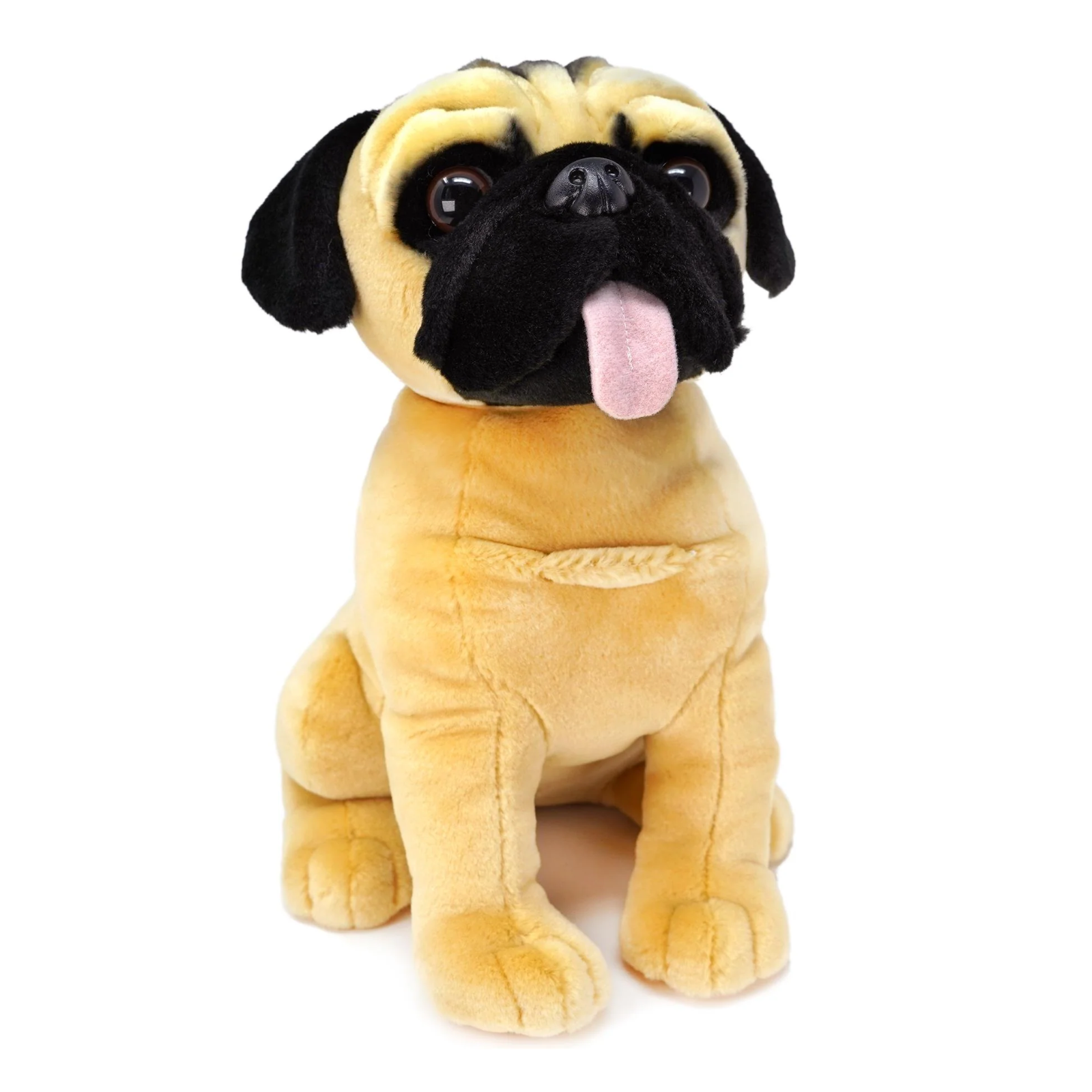 A plush toy pug dog sitting upright on a plain white background. The toy has a tan and cream body with a black face, black ears, and a pink tongue sticking out.